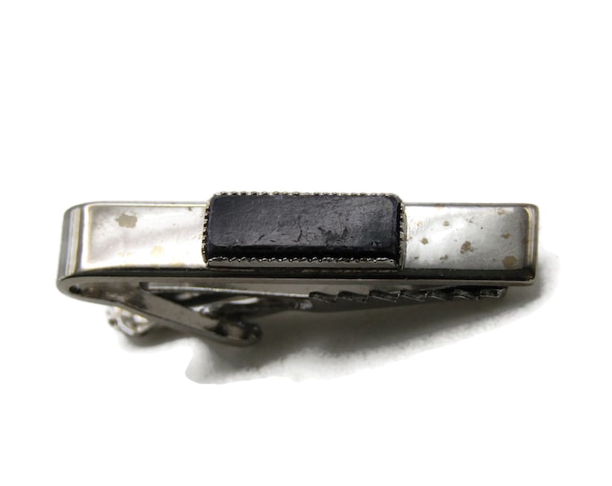 Black Stone Inlay Classic Tie Bar Tie Clip Men's Modernist Jewelry Silver Tone