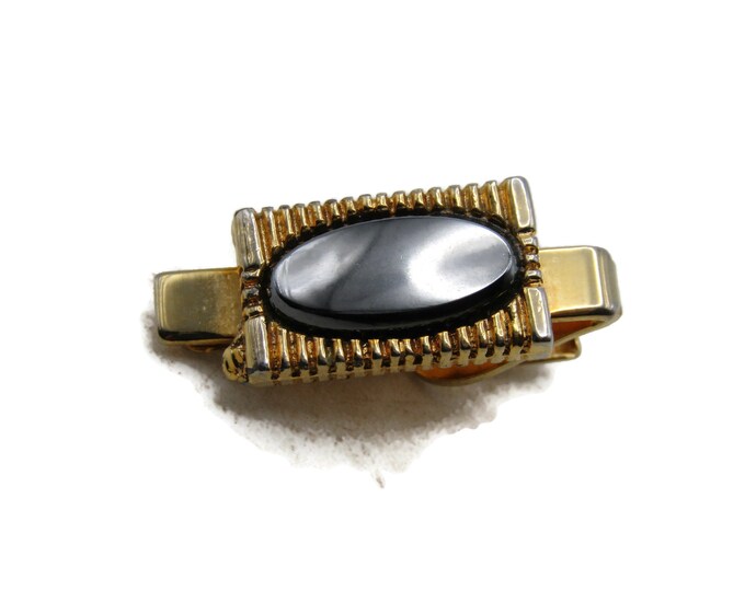 Shiny Black Oval Stone & Etched Line Design Tie Clip Tie Bar Men's Jewelry Gold Tone