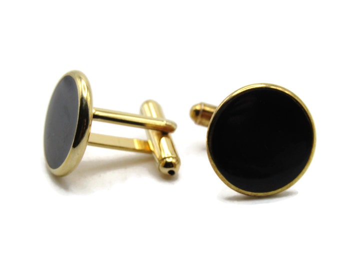 Round Black Stone Inlay Cuff Links Men's Jewelry Gold Tone