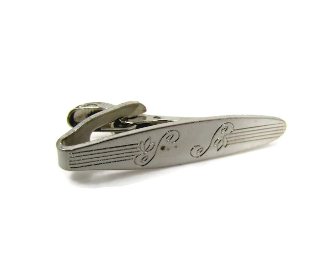 Vintage Tie Bar Clip: Curled Stem Flower Design Silver Tone