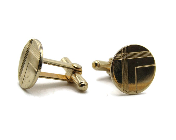 V Shaped Line Design Circle Cuff Links Men's Jewelry Gold Tone