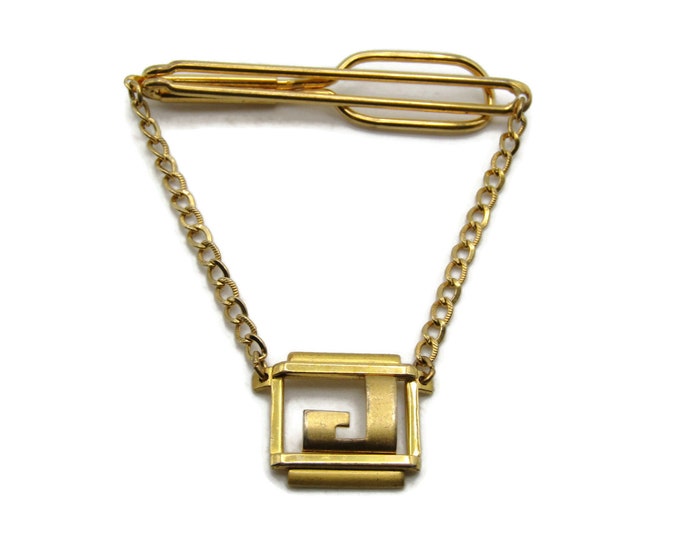 J Letter Initial Monogram Tie Clip And Chain Open Body Tie Bar Gold Tone