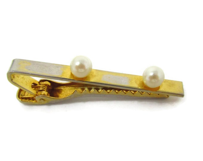 Vintage Tie Clip Tie Bar: Double Pearl Gold Tone Design