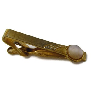 Vintage Tie Bar Tie Clip: Opalescent White Accent Rope Like Setting Gold Tone