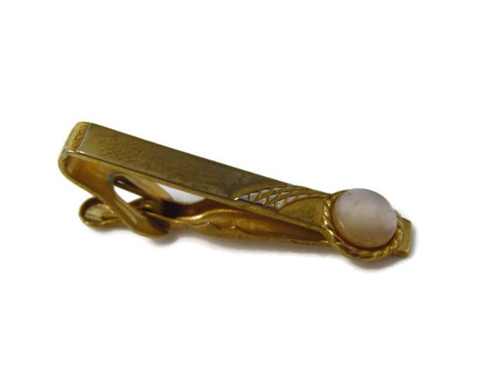 Vintage Tie Bar Tie Clip: Opalescent White Accent Rope Like Setting Gold Tone