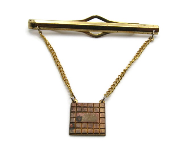 Textured Square Charm Gold Tone Tie Chain Modernist Industrial Tie Clip Tie Bar Men's Jewelry