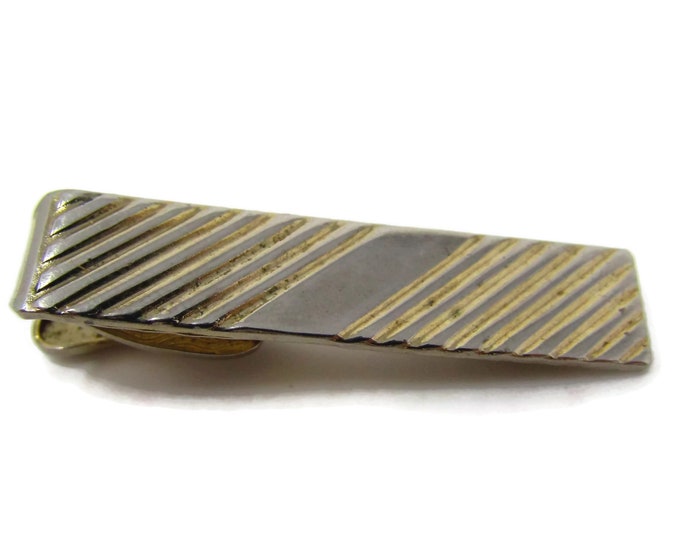 Vintage Tie Clip Tie Bar: Grooved Diagonal Stripes Smooth Stripe Center