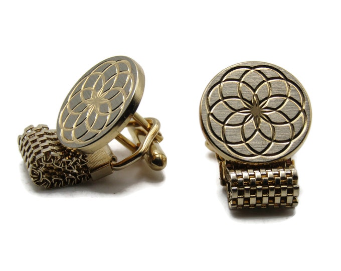 Round Etched Circle Spiral Design Chain Cuff Links Men's Jewelry Gold Tone