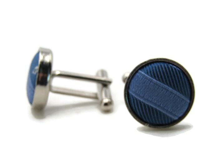 Round Blue Stripe Fabric Center Cuff Links Men's Jewelry Silver Tone