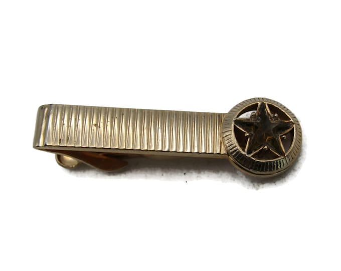 Grey Star Stone Inlay & Etched Line Tie Bar Gold Tone Tie Clip Men's Jewelry