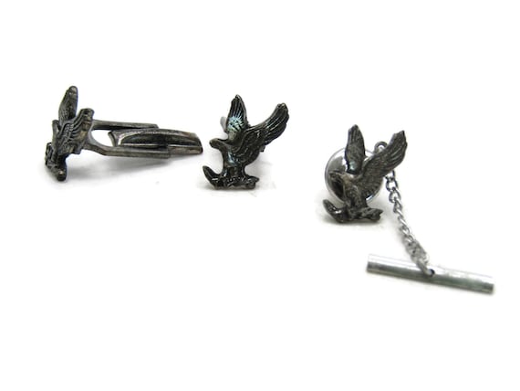 Eagle Cuff Links and Pin With Chain Set Silver To… - image 1