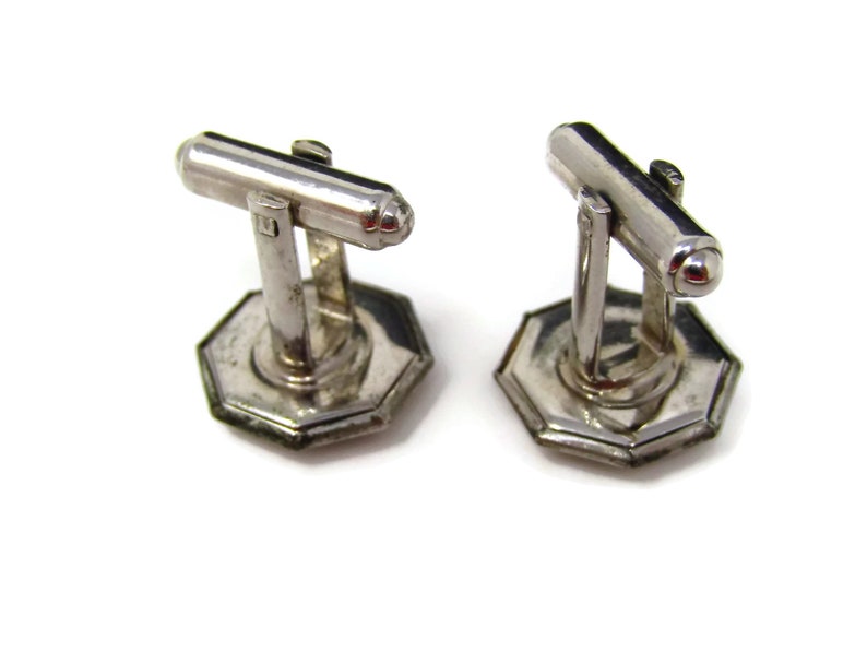 Vintage Cufflinks for Men Dark Mother of Pearl Octagon Silver Tone Made in USA