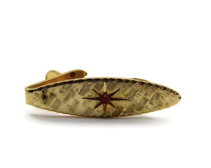 Red Rhinestone Inlay Starburst Etching Textured Gold Tone Tie Clip Tie Bar Men's Jewelry