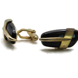 Abstract Black Stone Cuff Links Unique Gold Tone Setting Men&#39;s Jewelry