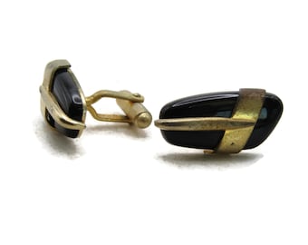 Abstract Black Stone Cuff Links Unique Gold Tone Setting Men's Jewelry