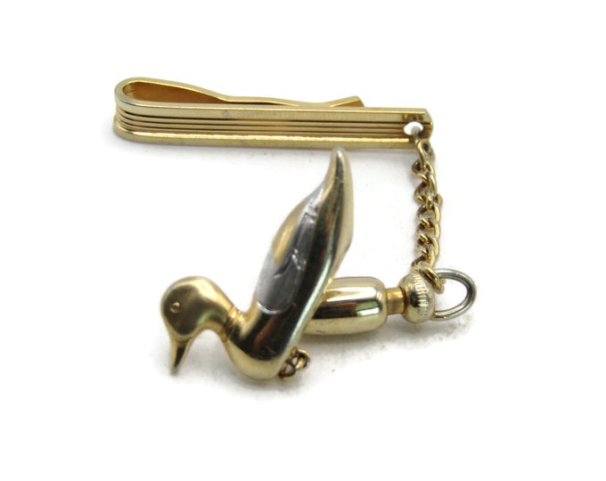 Silver and Gold Tone Duck Tie Clip & Chain Set Classic Design Tie Bar Men's Jewelry