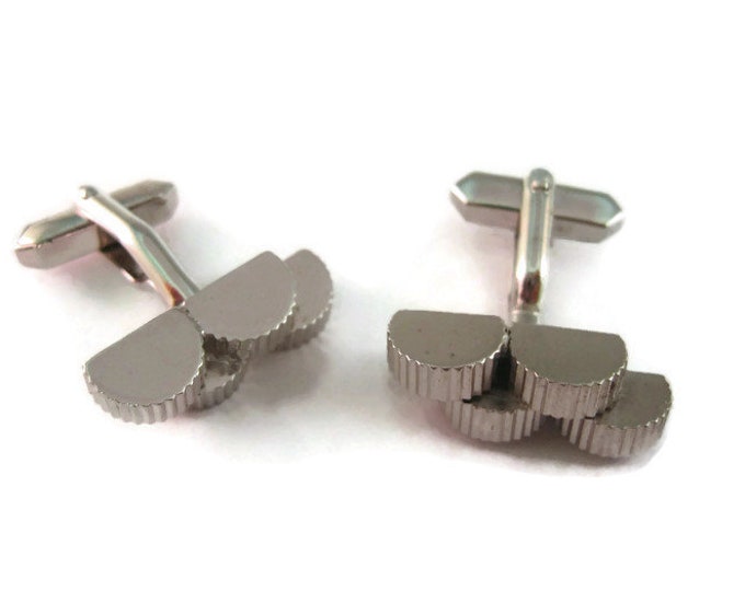 Vintage Cufflinks for Men: Stacked Double Half Circles Ridged Edges Silver Tone Design