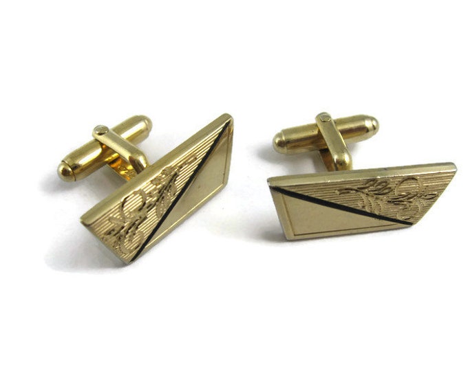 Vintage Cufflinks for Men: Black Diagonal Stripe Gold Tone Trapezoid Stylized Flower Etch