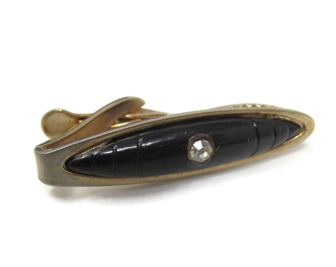 Clear Jewel on Black Tie Clip Tie Bar: Vintage Gold Tone - Stand Out from the Crowd with Class