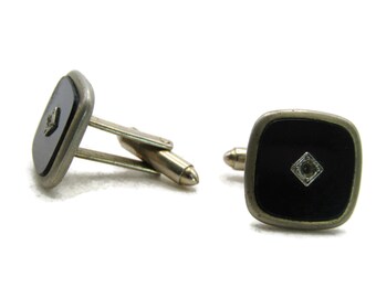 Rounded Square Diamond Shape Rhinestone & Black Stone Inlay Silver Tone Men's Jewelry
