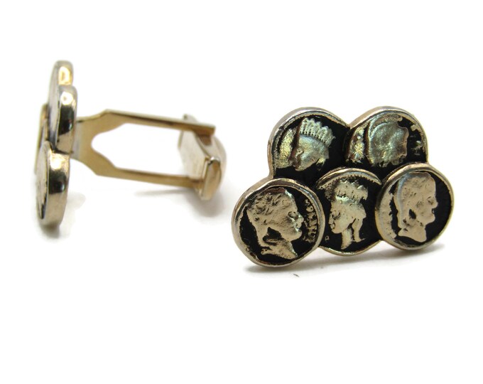 Stacked Coin Design Cuff Links Men's Jewelry Black & Gold Tone