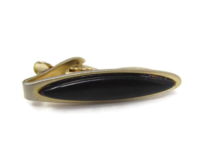 Black Tie Clip Vintage Tie Bar: Black Accent Center Gold Tone Border