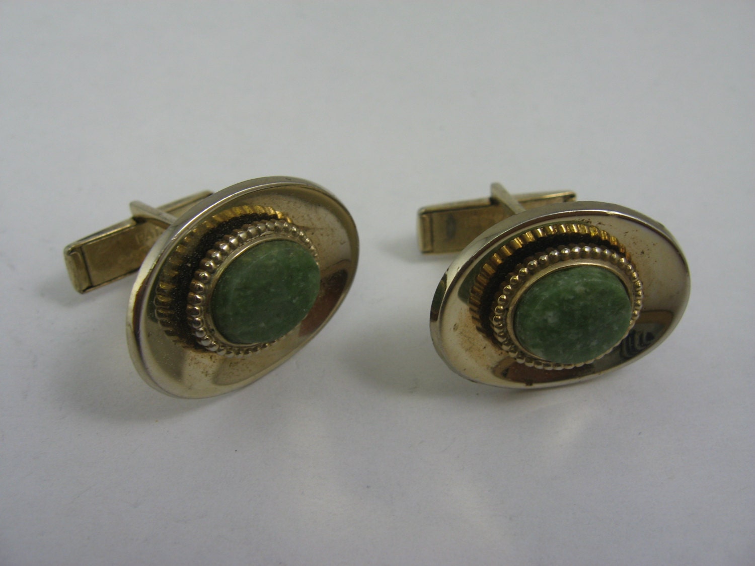Vintage Cufflinks for Men Green Stone Gold Tone Oval