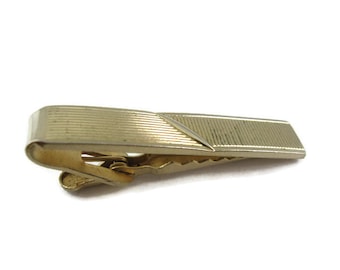 Vintage Tie Bar Clip: Grooved Lines Vertical & Horizontal Gold Tone