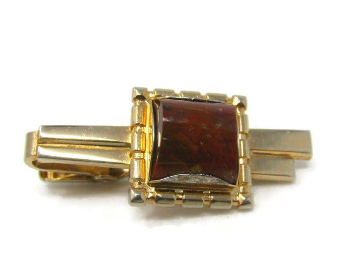Red Brown Stone Tie Clip Tie Bar: Vintage Gold Tone - Stand Out from the Crowd with Class