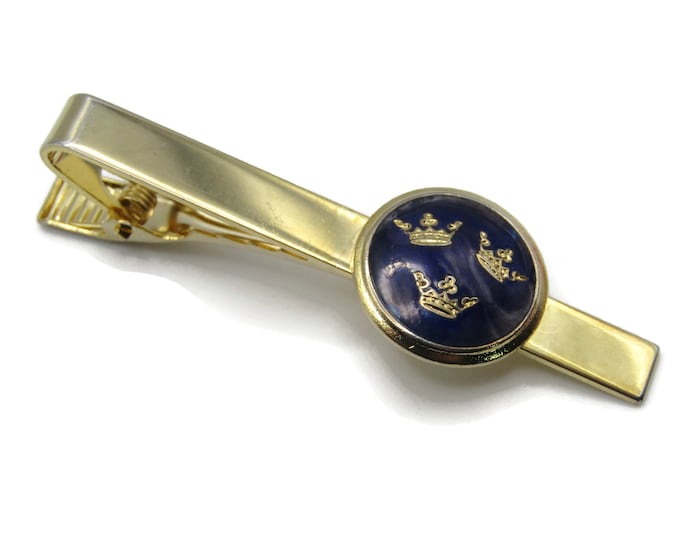 Crowns & Blue Inlay Classic Tie Bar Gold Tone Tie Clip Men's Jewelry