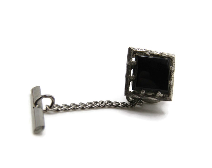 Square Black Stone Tie Pin And Chain Men's Jewelry Silver Tone