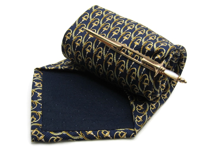 Interlocking Hook Patterened Tie With Stone Inlay Sword Tie Clip Tie Bar Gold Tone