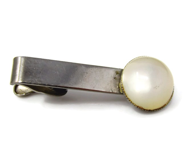 Vintage Tie Clip Tie Bar: Round Opalescent White Accent