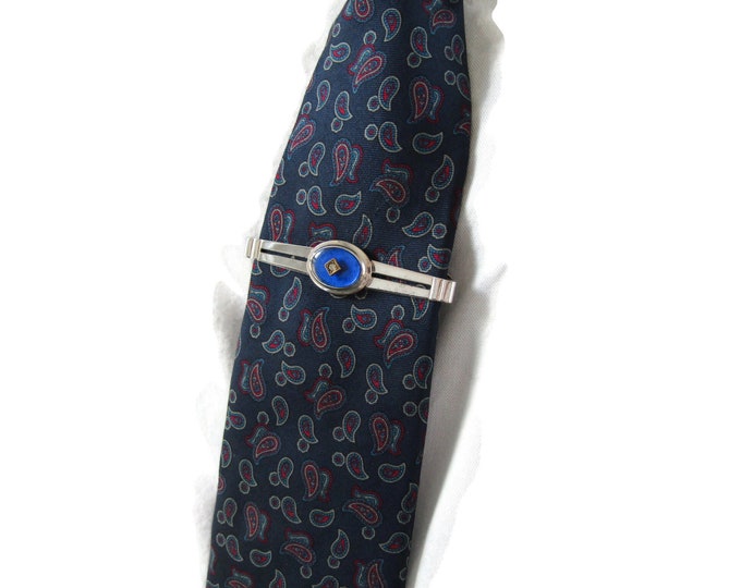 Blue Pasley Tie Red Accents And Blue Stone Inlay Tie Clip Toe Bar Silver Tone