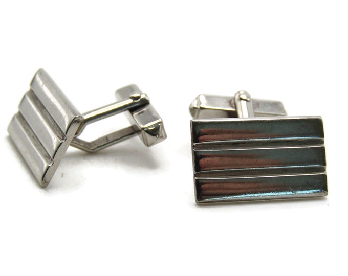 Horizontal Bars Rectangle Cuff Links Men's Jewelry Silver Tone