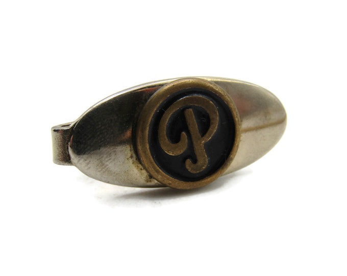 P Letter Initial Monogram Oval Tie Clip Tie Bar Men's Jewelry Gold Tone