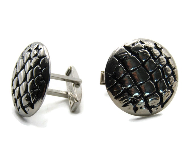 Snake Skin Textured Round Cuff Links Men's Jewelry Silver Tone