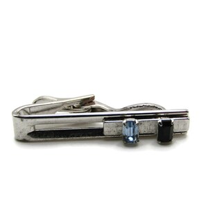 Vintage Silver Tone Tie Clip: Blue & Black Rhinestone Inlay