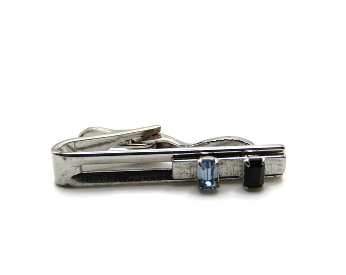 Blue & Black Rhinestone Inlay Open Body Straight Bar Modernist Silver Tone Tie Clip Tie Bar Men's Jewelry