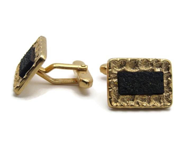 Black Stone Inlay And Textured Edge Rectangle Cuff Links Men's Jewelry Gold Tone