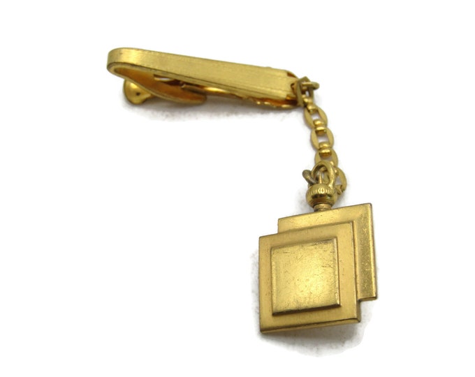 Vintage Gold Tone Tie Clip & Clain Set Square Patterned Tie Bar Men's Jewelry