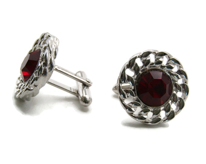 Red Rhinestone Inlay Round Chain Edge Cuff Links Men's Jewelry Silver Tone