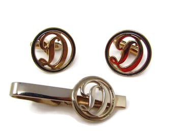 Vintage Mens Jewelry Set Tie Clip Cufflinks: Letter F Initials Beautiful Calligraphy