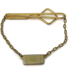 Chain w/ Metal Medallion Tie Clip Bar Gold Tone Vintage Men&#39;s Jewelry Nice Design