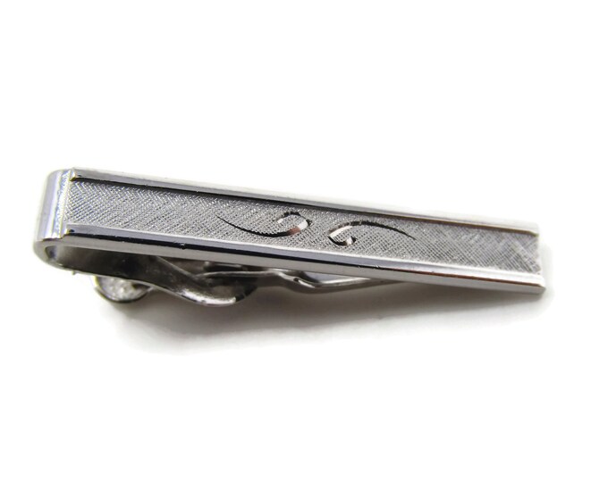 Vintage Tie Clip Tie Bar: Textured Silver Tone Etched Modernist Center