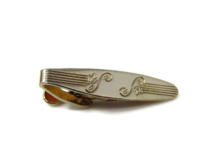 Vintage Tie Bar Tie Clip: Swirl Vine Leaf & Flower Design Gold Tone