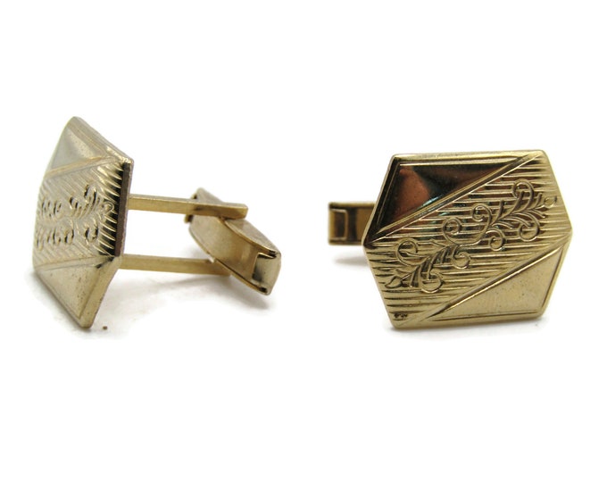 Floral Motif And Lines Cuff Links Men's Jewelry Gold Tone