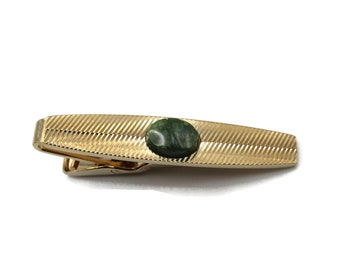 Green Stone Inlay Diagonal Lines Design Classic Modernist Tie Clip Tie Bar Men's Jewelry