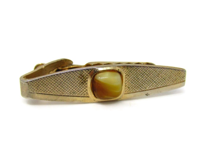 Stone Center Tie Clip Men's Vintage White & Brown Glass Textured Gold Tone