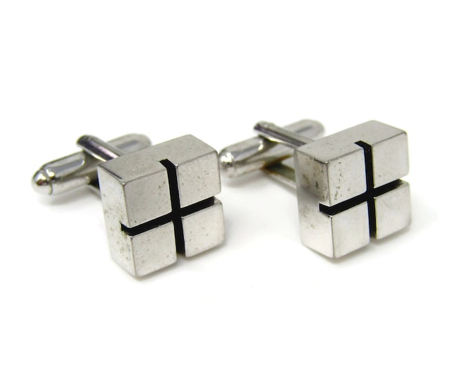 Vintage Cufflinks for Men: Modernist Square Cube Design Silver Tone Great Design